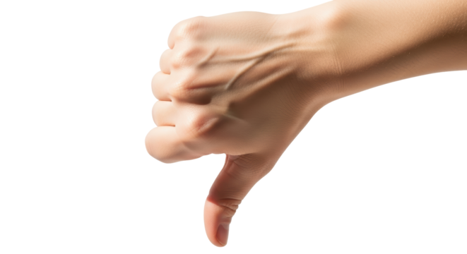 Isolated hand gesture with thumb down signifying disagreement, rejection, or disapproval