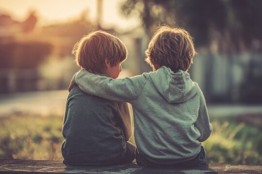 Two children sitting together, one comforting the other - Powered by Adobe
