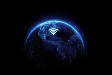 Abstract digital illustration of the Earth with a wireless network icon, with a blue glow