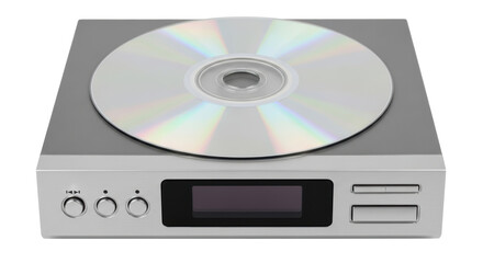 Isolated vintage CD player with compact disc on top, retro music device, electronics audio