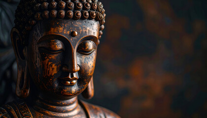 Artistic close-up of Buddha carved in dark wood, detailed textures