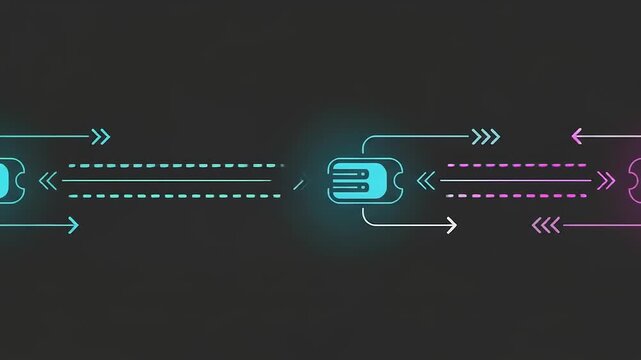 Abstract digital data transfer concept with glowing nodes and arrows.
