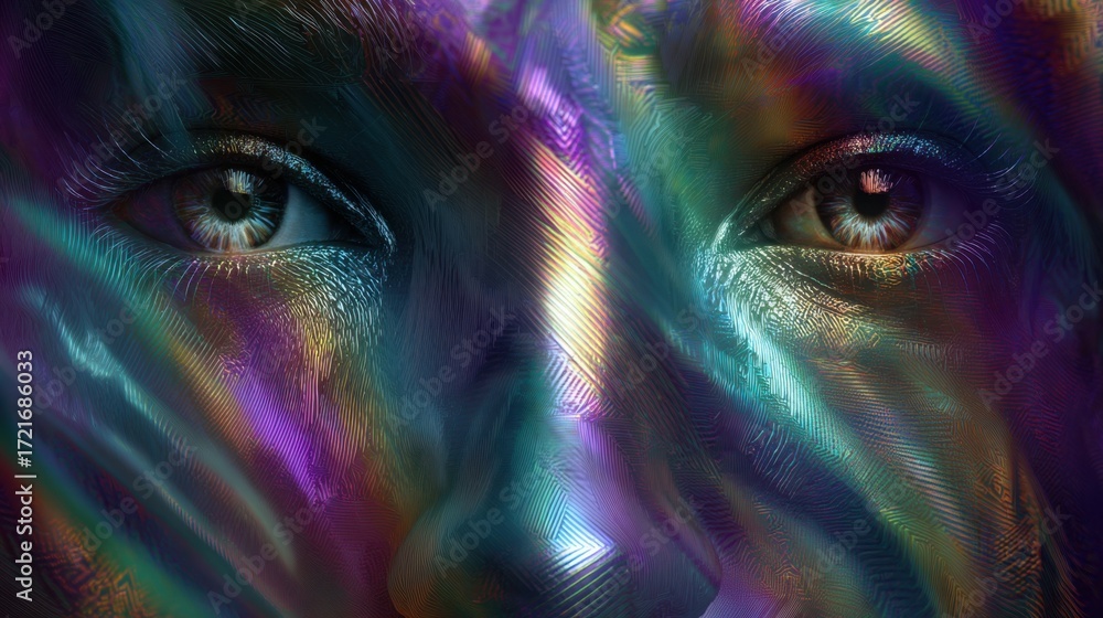 Poster dynamic holographic face with shifting prismatic colors digital art abstract environment close-up vi