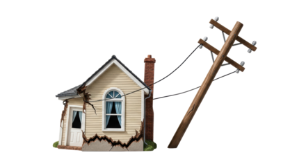 Isolated miniature damaged house and fallen telephone pole, disaster, aftermath, accident