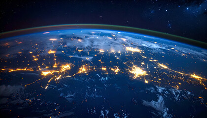 Fototapeta premium Realistic Earth from space with illuminated city lights, atmospheric glow