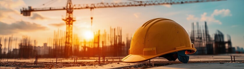 A yellow hard hat resting on construction site with a crane during sunset.