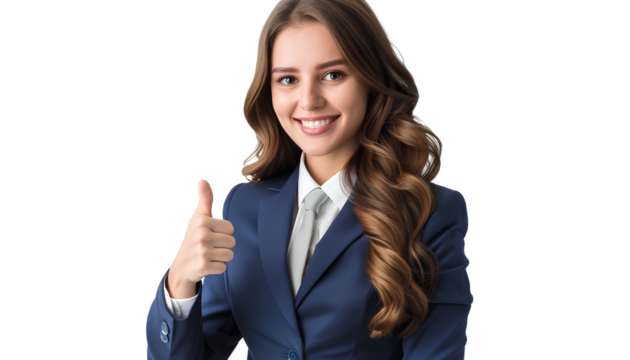 a beautiful woman in a blue suit, smiling and giving a thumbs up, isolated on a transparent background.