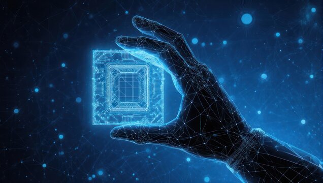 A glowing hand, wireframe style, holds a digital cube