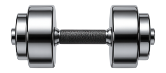 Gleaming chrome dumbbells with textured handles on a white background.