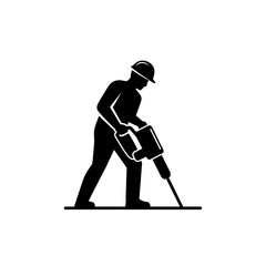 A black silhouette icon of a construction worker wearing a hard hat and operating a jackhammer to break the ground.
