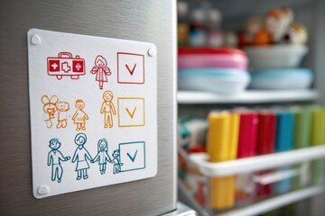 Obraz premium Close-up of bilingual emergency checklist on fridge with magnets and family drawings in background