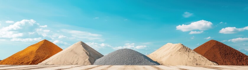Colorful piles of sand and gravel under a bright blue sky showcase natural resources.