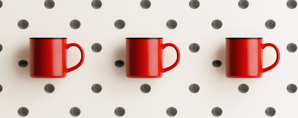 Three red mugs placed on a polka dot surface, perfect for coffee or tea lovers.