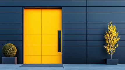 A modern building facade featuring a vibrant yellow door and minimalist landscaping.