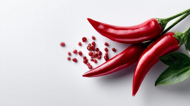 Three red chili peppers are on a white background. The peppers are surrounded by a pile of red pepper flakes. Concept of warmth and spice, as the peppers and flakes are associated with hot - Powered by Adobe