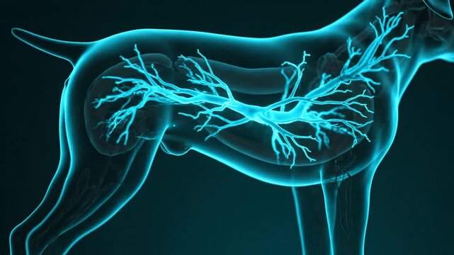 Animated 3D X-ray of Canine Nervous System, Illustrating Neural Pathways in Cyan Glow