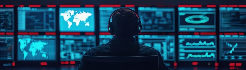 A focused individual monitoring multiple screens in a high-tech environment.