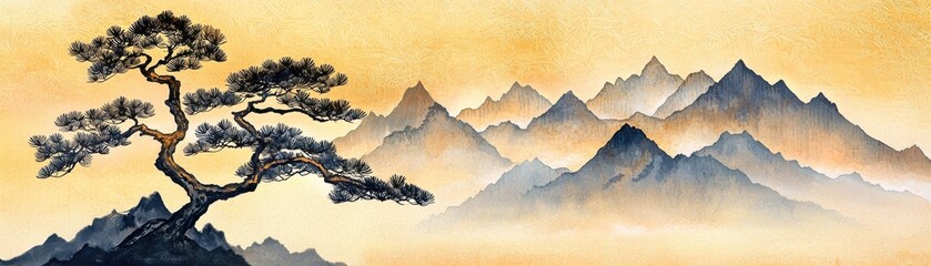 Serene mountain landscape with delicate trees and soft hues under a beautiful sky.