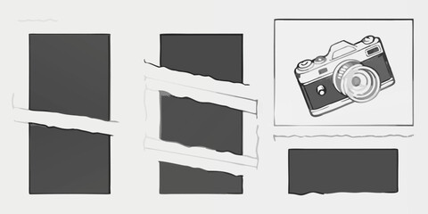 Create a collection of torn paper textures or shapes with rough, organic edges, as if ripped by hand. These elements should vary in size and orientation—both horizontal and vertical rectangles—with ja