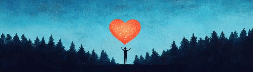 A person holds a glowing heart in a forest, symbolizing love and connection with nature.