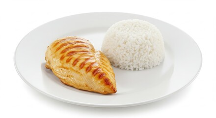 Grilled Chicken Breast with Steamed Rice on a White Plate.