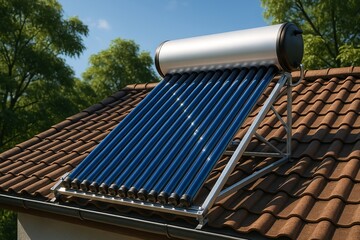 Solar water heater with vacuum tubes installed on rooftop, capturing sunlight for efficient renewable energy use