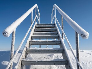 Snow-covered stairs leading to a clear blue sky in a winter landscape.