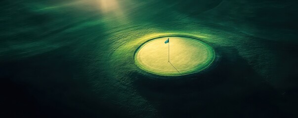 Aerial view of a golf green with a flag at sunset, showcasing serene sport beauty.
