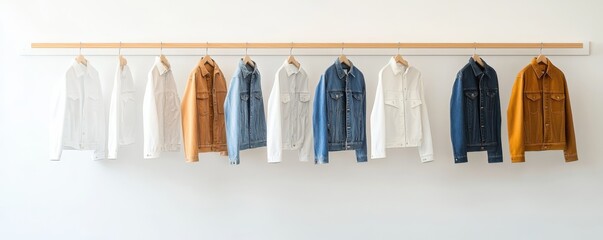Colorful jackets hanging stylishly on a wooden rack against a minimalist backdrop.