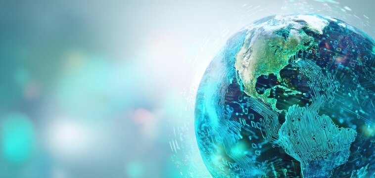 The Earth digital globe merging technology and nature with futuristic circuit board overlay
