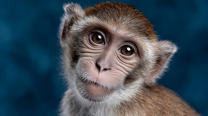 Baby monkey with a big brown nose and brown eyes. The monkey is looking at the camera