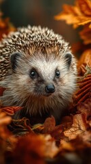 Fototapeta premium Cute hedgehog nestled among vibrant autumn leaves in a forest setting during late afternoon sunlight