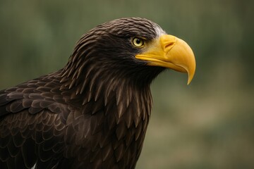 Close-up of Steller&rsquo;s sea eagle with yellow beak and piercing eyes, showcasing strength and majestic detail