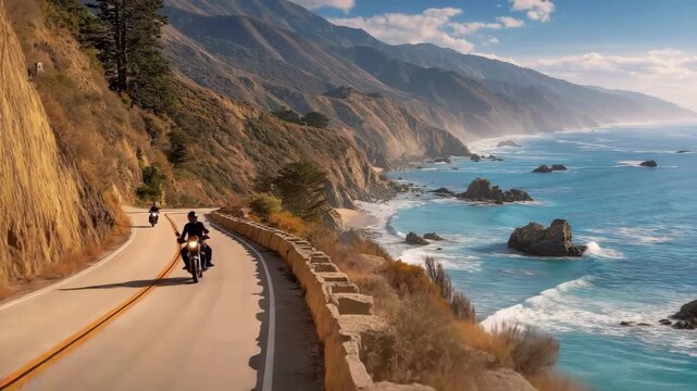 On a sunny day, a motorcycle squad rides down a cliffside seaside route.