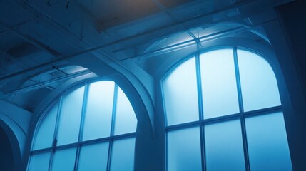The serene blue windows illuminating a spacious and contemporary interior design.