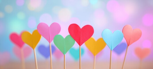 The colorful display of heart-shaped paper decorations on vibrant background.