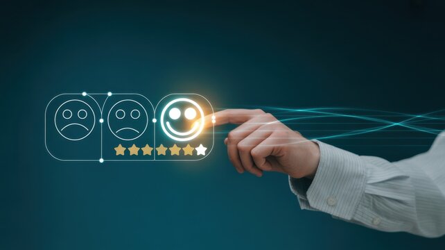 Customer Satisfaction: The image conveys a sense of customer contentment through the act of tapping a happy face icon. A person's finger points at a smiling emoji among the set of expression icons.