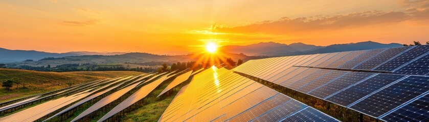 A beautiful sunset over solar panels in a green landscape, showcasing renewable energy.