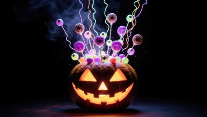 Neon Candy Explosion from Pumpkin on Black for Night Halloween Events