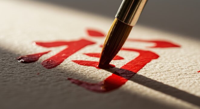 Paint brush draws red hieroglyph on white paper. East asian calligraphy art. Traditional chinese or japanese writing.