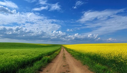 A rural dirt road stretches through vibrant fields