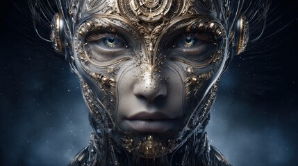 Surreal robothuman hybrid portrait digital realm artwork futuristic environment close-up perspective conceptual art