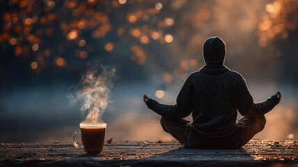 Meditator on lakeside wooden dock holding warm beverage in peaceful morning