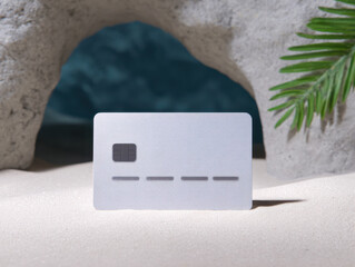 White credit card on sandy beach with tropical leaves and cave background