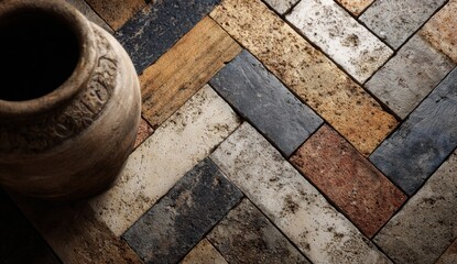 Close-up view of a herringbone patterned tile floor with a terracotta pot