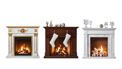 Decorative Christmas Fireplace Collection with Three Unique Designs, isolated on transparent background