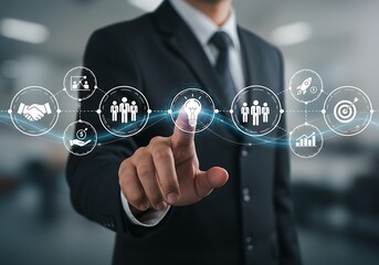 Executive in a suit touching a virtual interface representing business solutions and collaborative strategy.