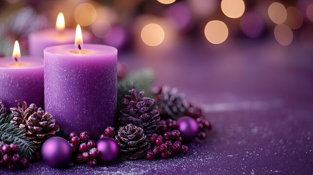 Purple Advent candles in a wreath with pine cones and berries. Festive Christmas decoration. - Powered by Adobe