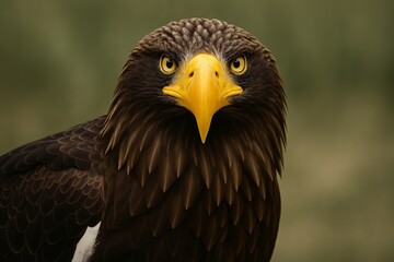 Obraz premium Close-up of Steller’s sea eagle with yellow beak and piercing eyes, showcasing strength and majestic detail