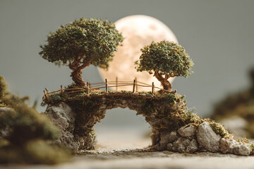 a miniature model of a bridge with trees and a full moon